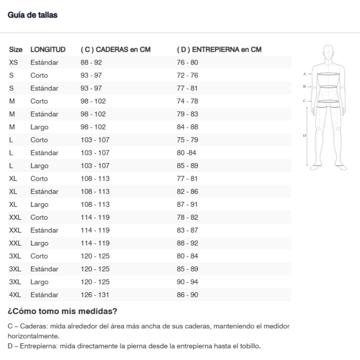 Gu&iacute;a de tallas de Pantalón Revit Sand 5 H20 Negro LARGO FPT155